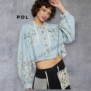 POL Perfect Hoodie Lightweight Denim Twill Button Up Baggy Drop Shoulder Jacket